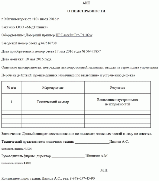 Акт о неисправности оборудования - как написать воздействие в 2024 году