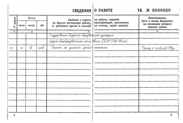 Образец трудовой книжки