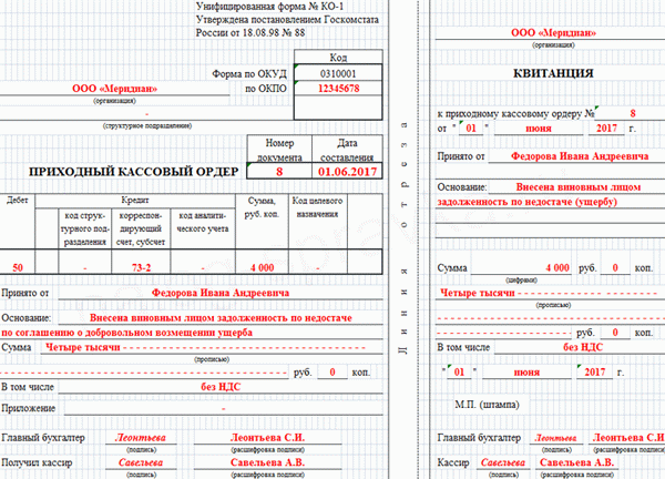 Бланк приходного кассового ордера