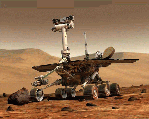 Художественная интерпретация аппарата Spirit. Он используется для изучения экологической и геологической истории Марса