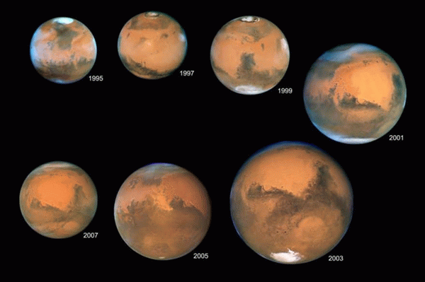 С 1995 года Марс контрастировал семь раз. На этой мозаике изображены все события.